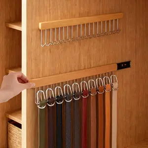 2 Pack Pull Out Belt Organizer for Closet, Wall Mounted 16.1 Inch Extending Belt Hanger with 12 Metal Hooks, Ties Racks Valet Rods for Hanging Tank Tops Scarf Bras Keys, Closet Storage Accessories
