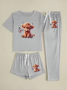 Women's Cartoon Butterfly Highland Cow Print Pajama Set, Casual Fitted Sleepwear, All Seasons Comfortable Nightwear