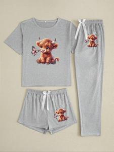 women's cartoon butterfly highland cow print pajama set, casual fitted sleepwear, all seasons comfortable nightwear, loungewear, homewear, pjs