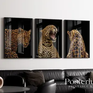 Set of 3 Black Leopard Wall Art, Black Cheetah Wall Art, Leopard Y2K Aesthetic, Black Leopard Print, Dopamine Decor for Bold Spaces