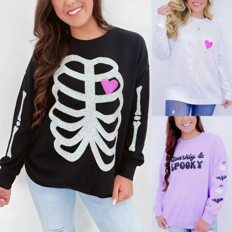Women's Casual Fit Graphic Pullover Sweatshirt - Lady's Halloween Theme Clothes, Long Sleeve Round Neck Black Sweatshirt with Sequins (Sports Outerwear)