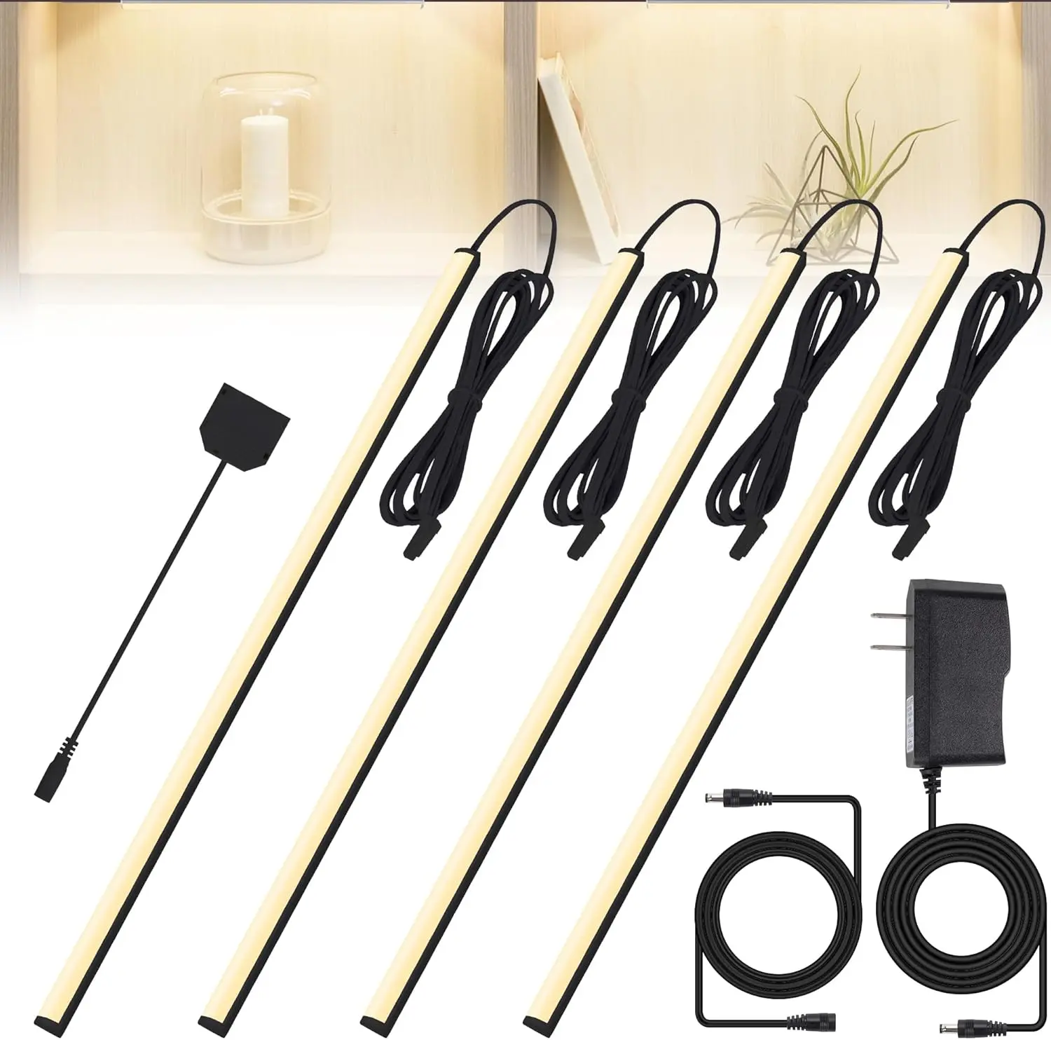 Black LED Shelf Lights, Display Cabinet Lights with Memory Function, 4 Pack x12 Inch Display Lights for Shelves, LED Lights for Display Cases/Pantry/Closet, Natural White 4000K