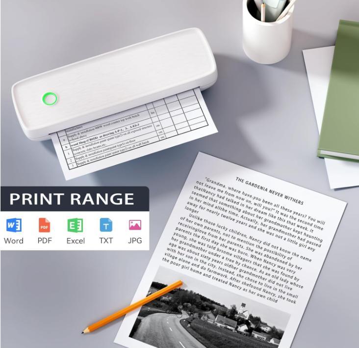 Portable Wireless Thermal Printer, Supports 8.5"x11" US Letter & Legal, A4 & A5 Paper, Bluetooth Connectivity with 3 Rolls of Thermal Paper, Compatible with Android, iOS, and Laptops for Office, Home, and Car Use