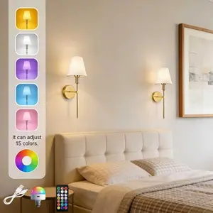 2pc Battery-Powered Wall Lights Set, Wireless Rechargeable Wall Lamps with Bulbs, Fabric Shade, for Bedroom, Living Room, Hallway Decor