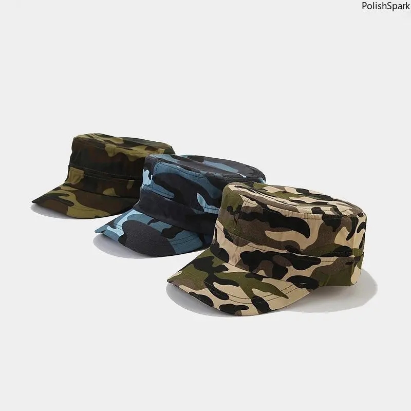 Military Cadet Cap for Men & Women, Breathable Cotton Flat Top Hat in Blue Camo & Woodland Camo, Adjustable with UV Protection, Christmas Anniversary Gift, Funky, Clothes For Women, One Size, Flat Brim