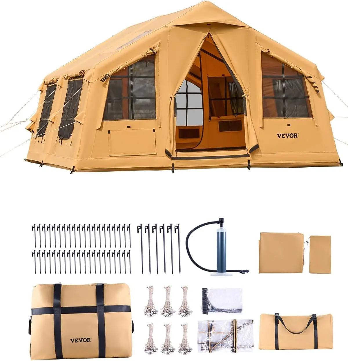 HRTHNJInflatable Tents for Camping, Easy Setup Blow up Tent with Hand Pump, 4 Season Glamping Tent with Stove Jack, Doors & Mesh Windows, Storage Bag Included for Easy Taking