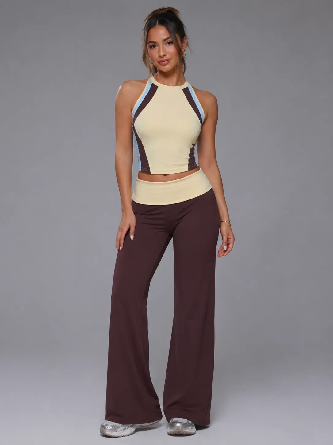 Women's Sporty Halter Top & Wide Leg Pants Set in Cream & Brown for Active Wear