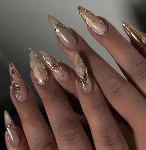 Milky White Gold Flower Nails, Luxury Press On Nails, Hand Made Elegant Gold Press Ons