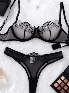 TikTokT Atmosphere Floral Embroidery Mesh Lingerie - Women's Black 2PC Sheer Set