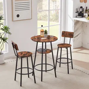3 Pieces Round Bar Height Table and Chairs Set, Round Dining Table Set, Pub Table and Chairs for Small Space, 2 Tier Kitchen Table and Bar Stools with Back, Rustic Brown