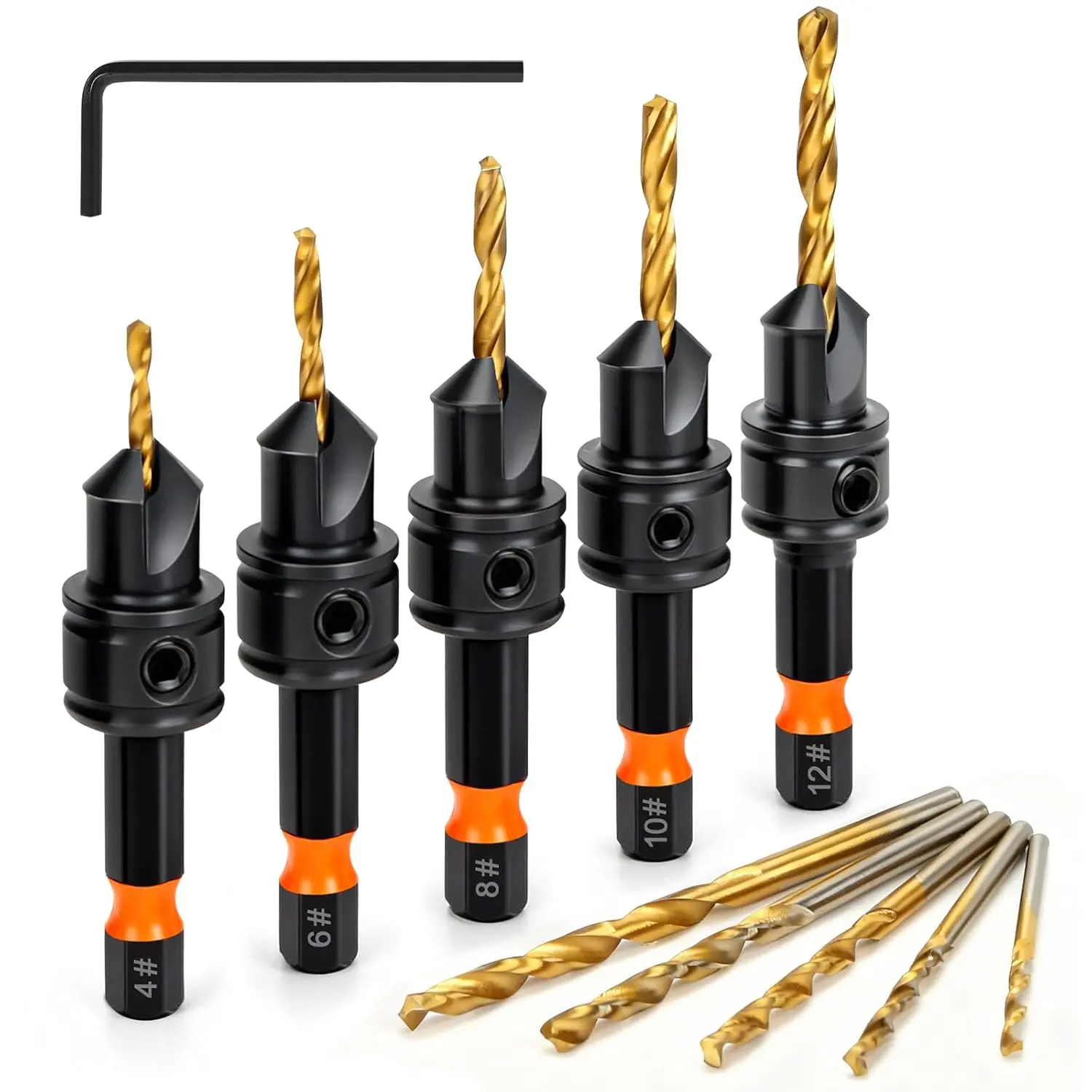 Countersink Drill Bit Set, 11 count Countersink Drill Bits#4, #6, #8, #10, #12, Titanium Coated 1/4 Inch Hex Shank, Adjustable Depth  Hole Drill Bits, Countersink Drill Bit for