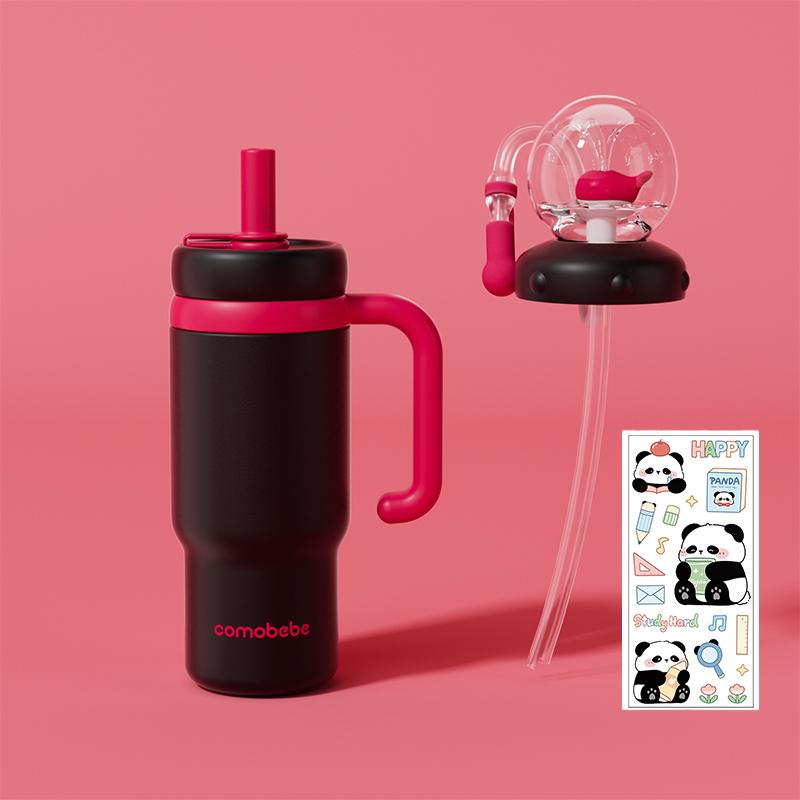 【COMOBEBE】24oz Stainless Steel Whale Fountain Tumbler – Spill-Proof, Dual Lids, Durable Handle, Dishwasher Safe, Cute and Fun for Kids & Adults