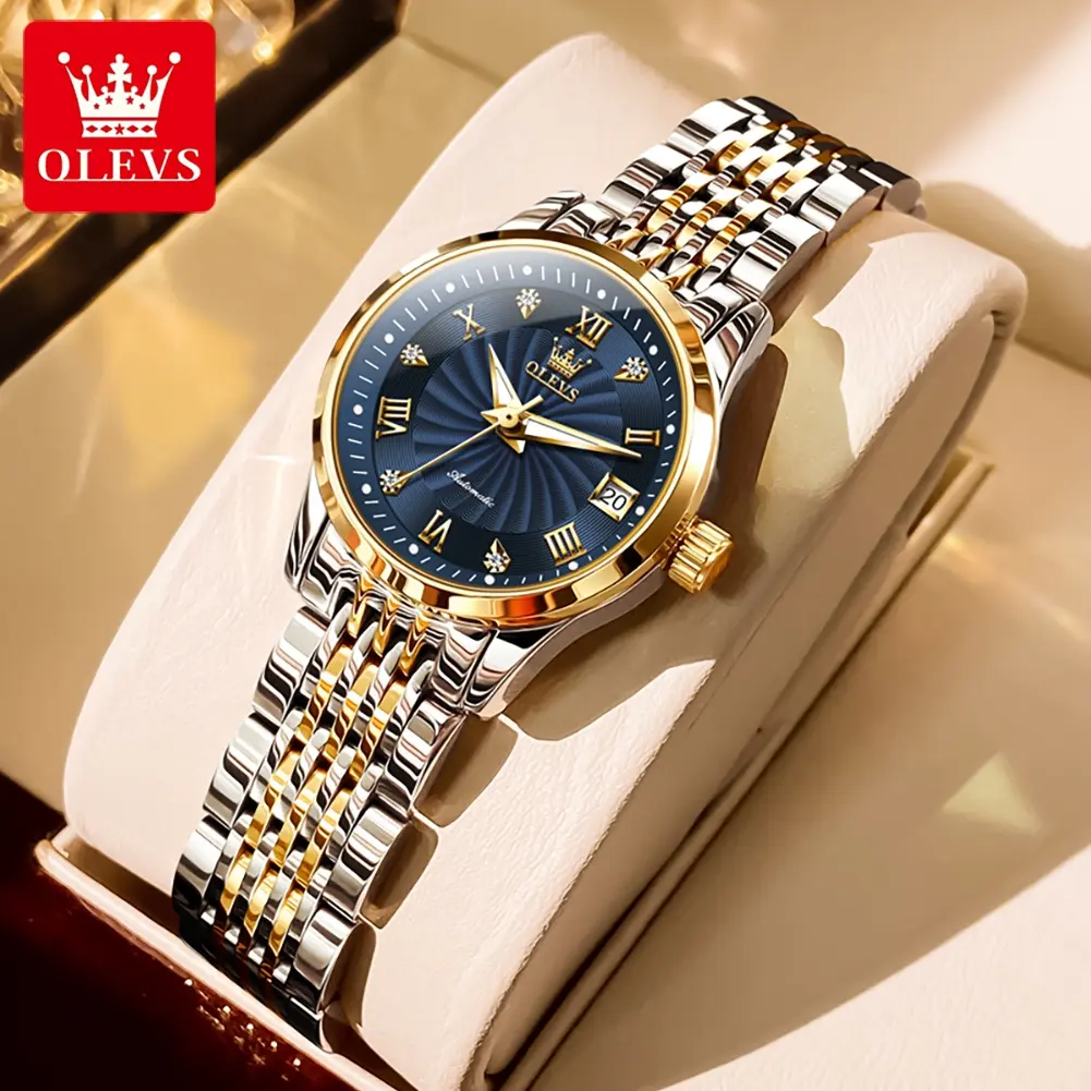 OLEVS Women's Luxury Automatic Mechanical Wristwatch with an Elegant Green Round Dial, Luminous Waterproof Stainless Steel Band, Fashionable Wristwatch, Round Dial Watch