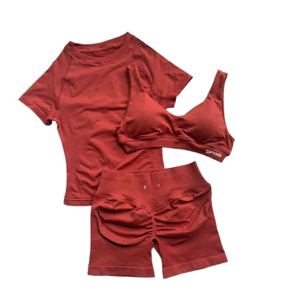 DFYNE Seamless 3-Piece Matching Set | Short Sleeve, Sports Bra & High Waisted Shorts | Squat Proof Aesthetic Gym Set for Women