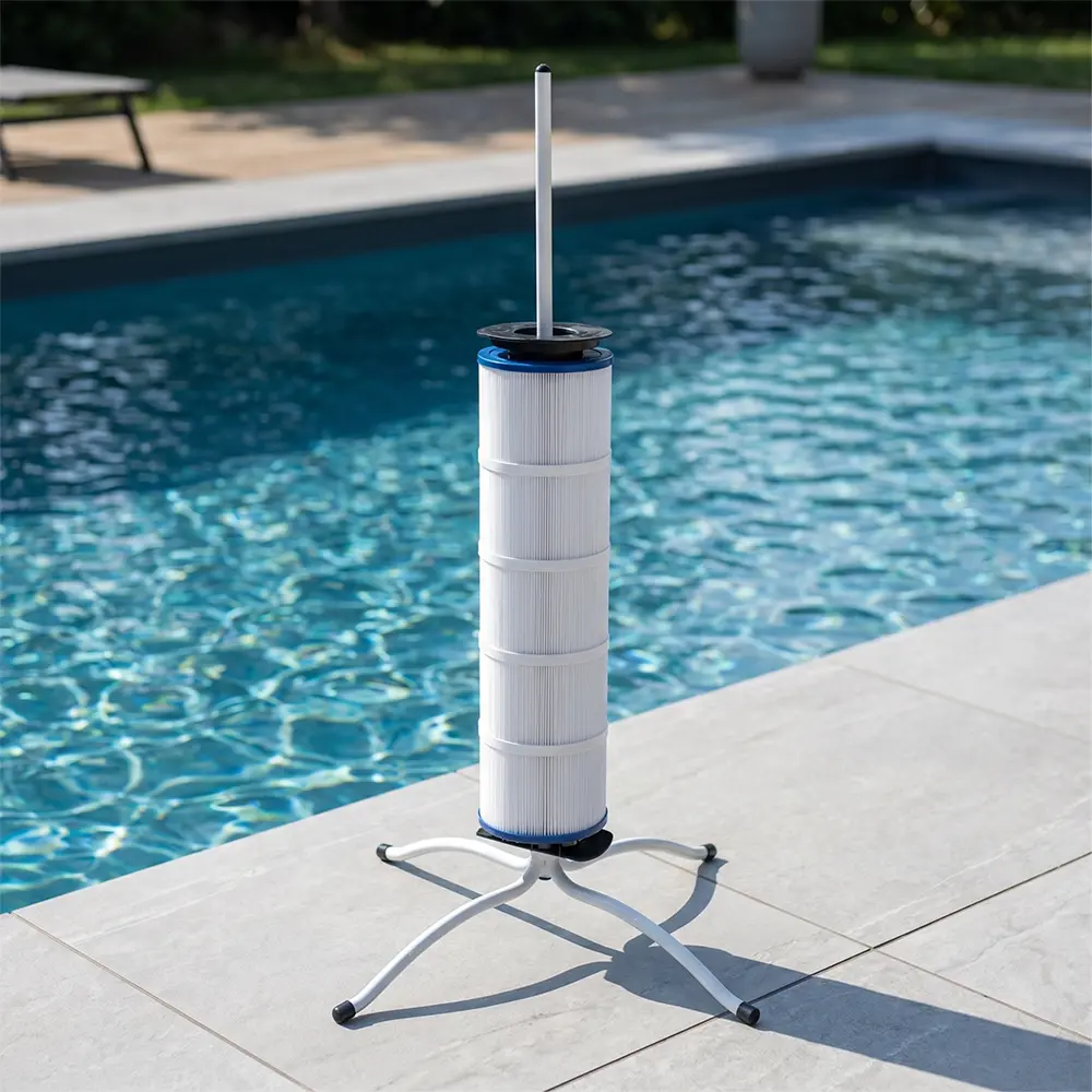 360° Rotating Pool Filter Stand - No-Bending Standing Cleaning, 5-Min Fast Deep Cleaning, Fits Most Cartridge Filters, Camping Essential