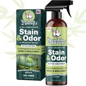 #1 Pet Stain & Odor Eliminator with Active Enzymes Bamboo Forest Aroma 24oz Powerful Dog Cat Urine Stain & Smell Remover for Carpet Hardwood Furniture Floors Natural Pet Cleaner by Sprinkle & Sweep No Scrubbing for All Surfaces