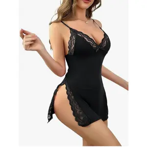 Tease & Ease Lace Babydoll Lingerie for Women Sexy Sheer Nightgown Chemise Sleepwear with Side Slit