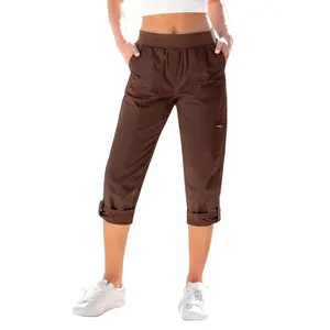 GRAPENT Capri Cargo Pants for Women High Waisted Pull On Elastic Waist Stretch Twill Fold Hem Capris Pants with Pockets