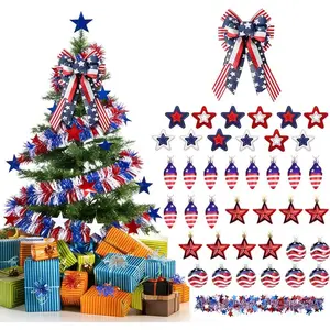 41 Pcs 4th of July Patriotic Tree Decorations Independence Day Red White Blue Tree Ornaments Kit with Ribbon Bow Topper, Hanging Stars Balls and Decoration