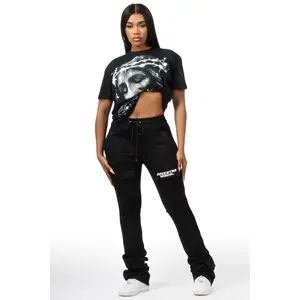 Starsha Black Cargo Stacked Track Pant