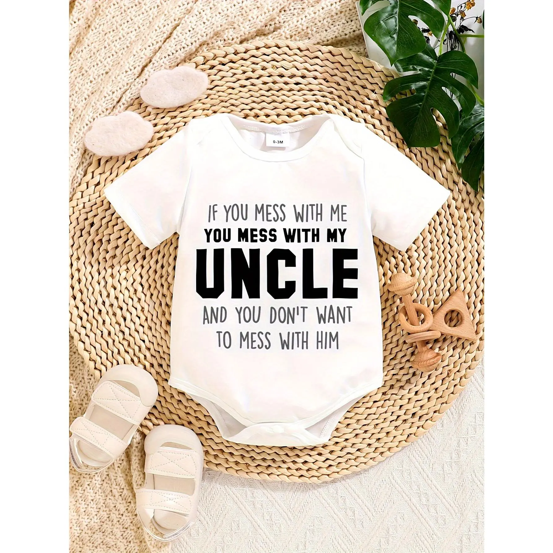Soft Cotton Baby Onesie for Boys and Girls - "If You Mess with Me, You Mess with My Uncle" Print, Casual Short-Sleeved Triangle Jumpsuit, Machine Washable, All-Season Comfort, Allseason Baby Outfit |     Baby Outfit |   Knitted Baby Onesie, Perfect for Ou