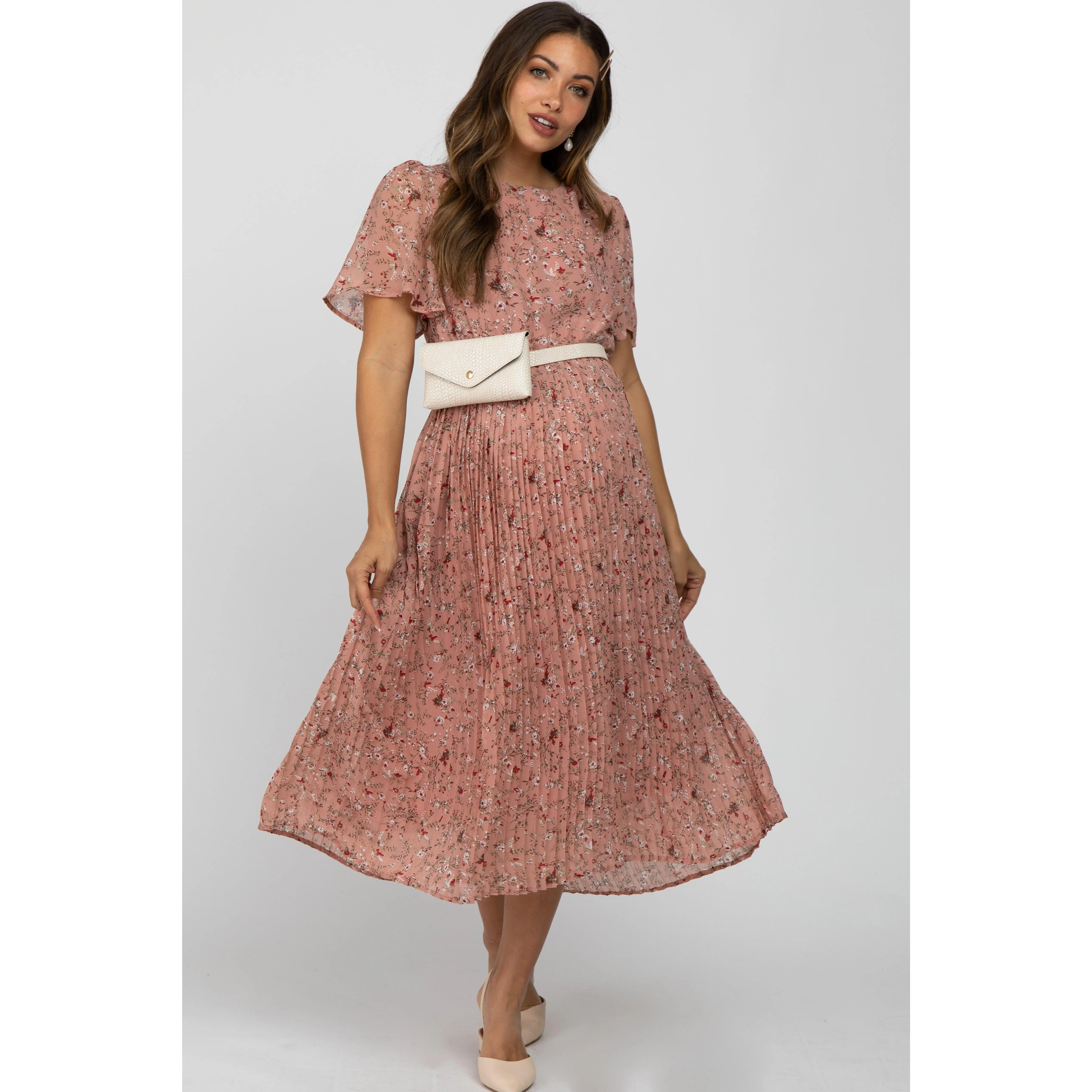 Light Pink Floral Pleated Short Sleeve Chiffon Maternity Midi Dress, Pregnancy Clothes, Maternity Outfit, Prenatal Maternity Clothing