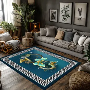 Teal Blue Gold Butterfly Greek Key Border Crystal Velvet Area Rug Non‑Slip Luxury Entrance Living Room Rug#TealGoldButterflyRug #GreekKeyBorderRug #LuxuryEntranceDecor #OrnateButterflyCarpet #CrystalVelvetRug