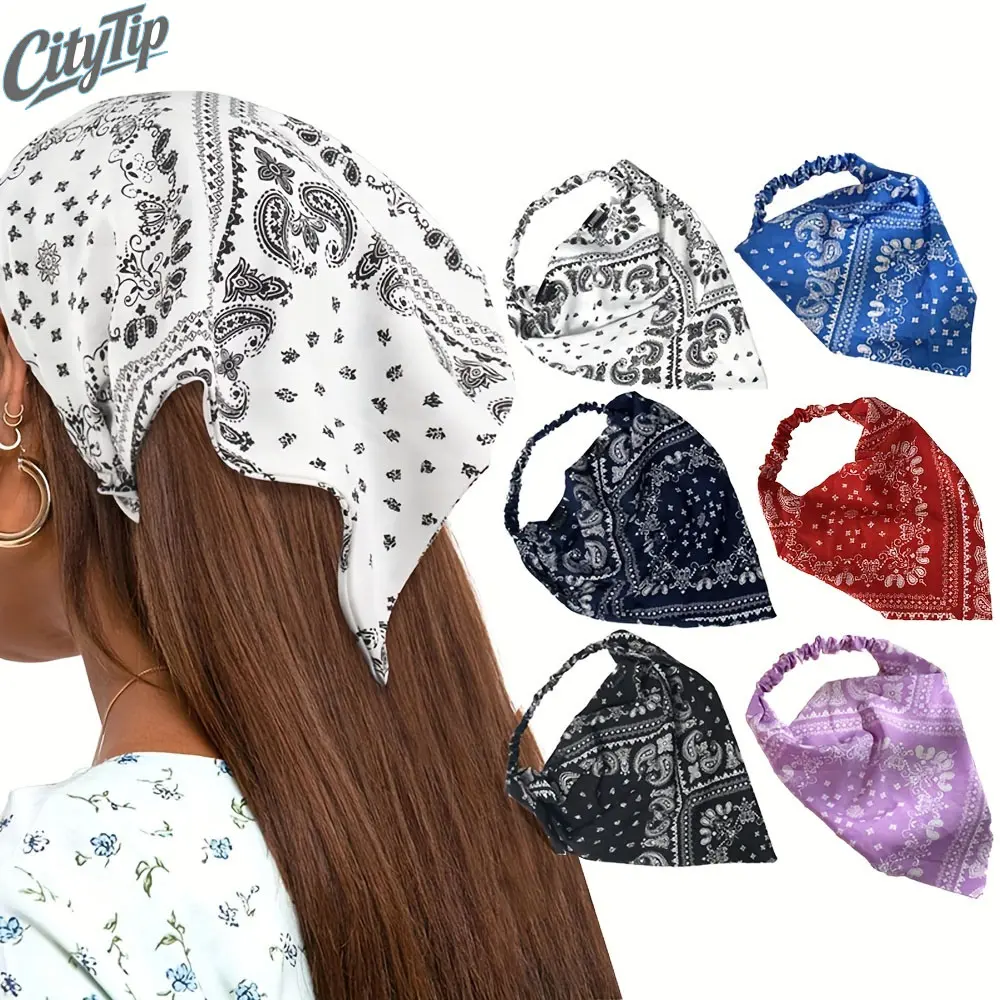 3/6PCS Hairband, Classic Cashew Flower Paisley Print Triangle Scarf Headband, Sweet Lovely Elastic No-Slip Bandana Head Scarf in White Navy Blue Black for Women Daily Outfit Matching Daily Wear