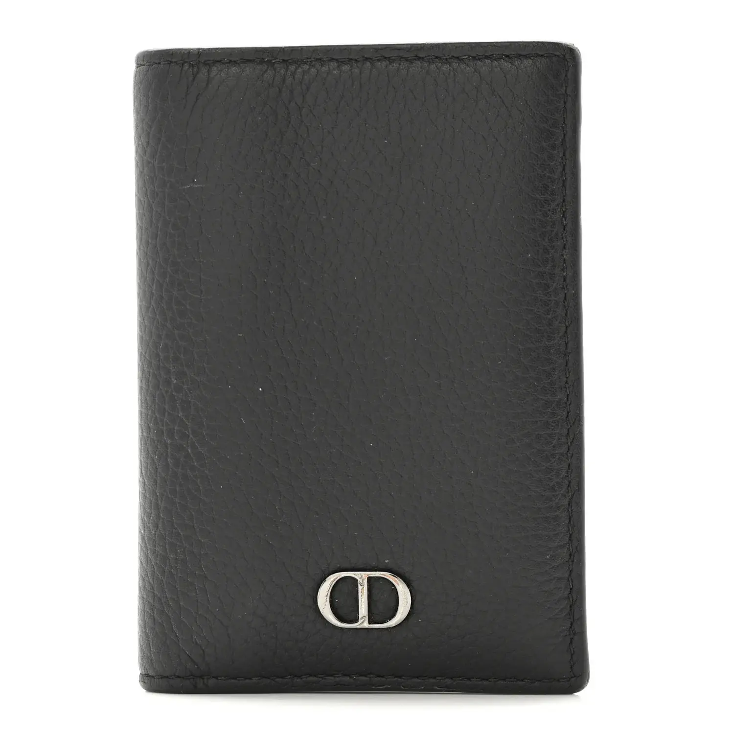 Pre-owned Dior Leather Small Leather Goods Grained Calfskin Icon Vertical Bifold Card Holder Black