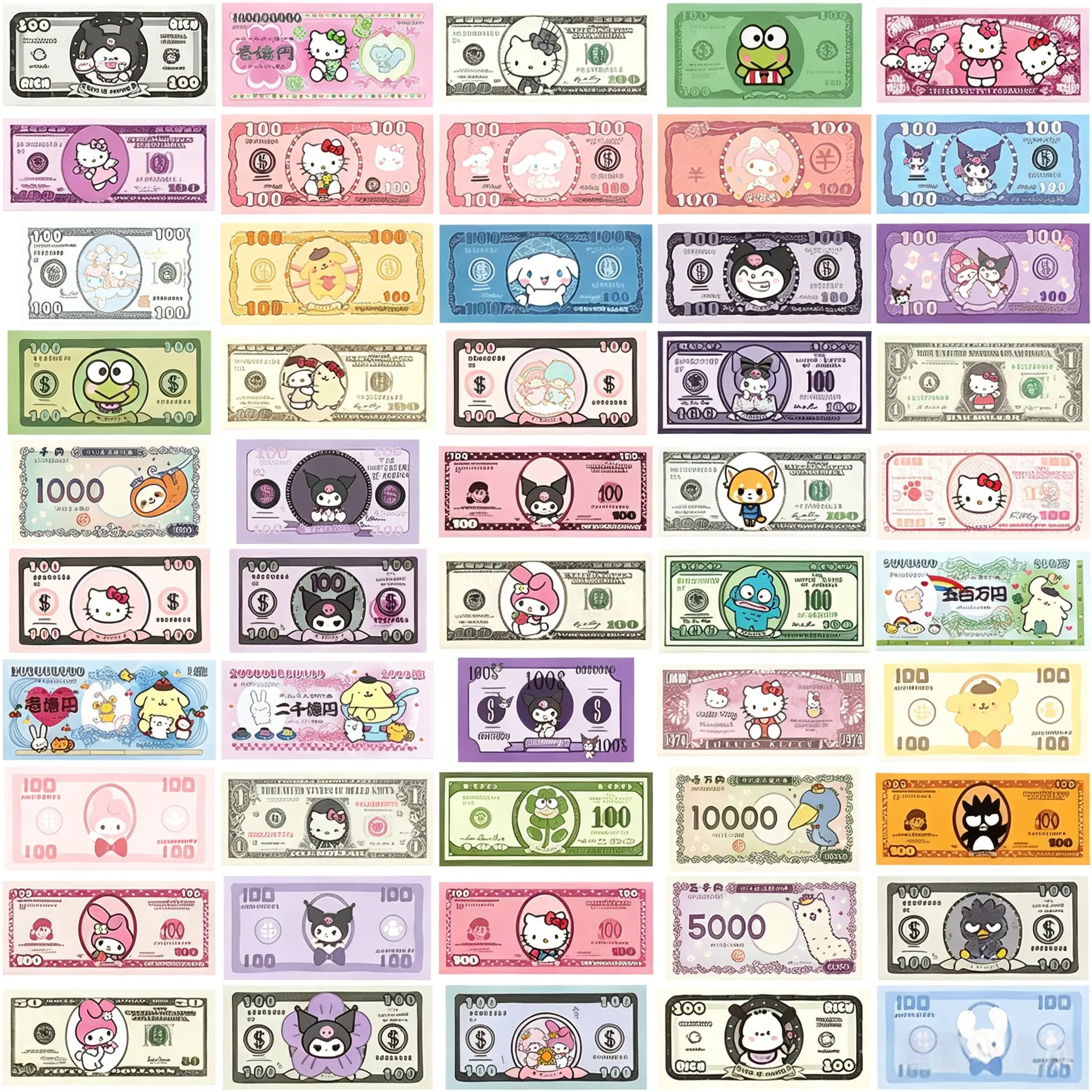 Sanrio 50pcs Money Design Hello Kitty Waterproof Stickers Cute Banknote Decals For Girls DIY Scrapbook Journal And Gift