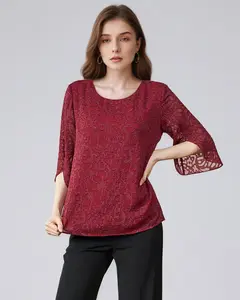 Round Neck Red Flared Sleeve Blouse Women's Mid-Sleeve Loose Jacquard Shirt  LE-SY091