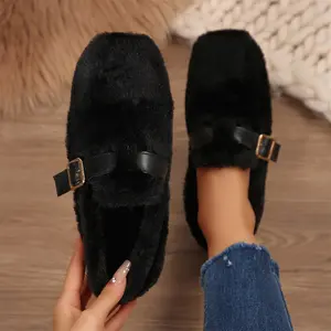 Women's Warm Fuzzy Loafers Metal Buckle Decor Fleece-Lined Slip-On Flats, Comfortable Winter Casual Indoor Outdoor Shoes