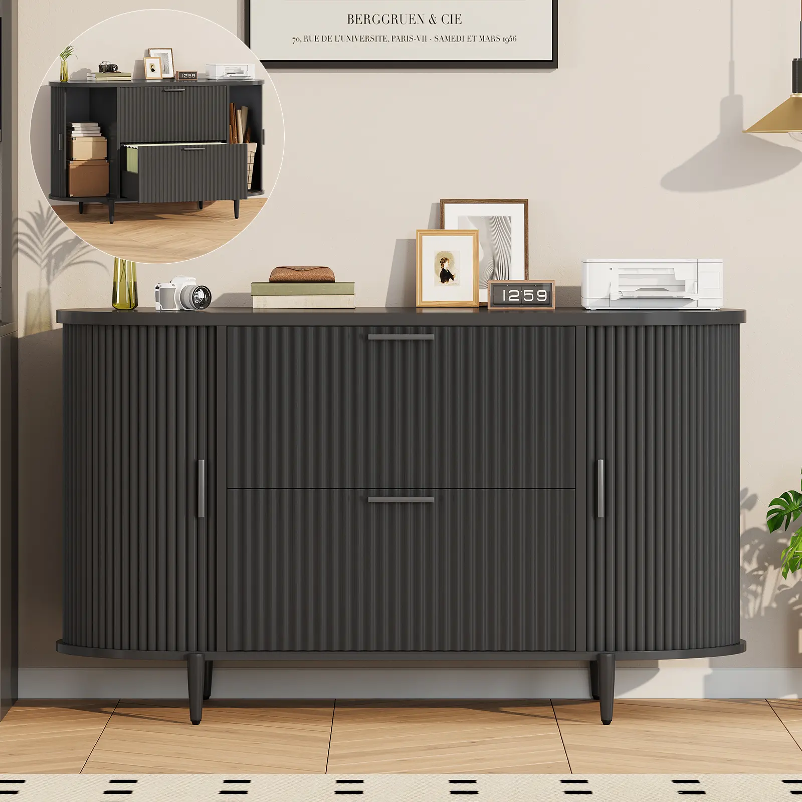 Sedeta Wood 2-Drawer Filing Cabinet - 39.4in Long Home Office Writing Desk, 15.7in Wide Printer Stand with 2 Sliding Doors, Modern Fluted Clever Storage Unit for A4/Legal/Letter Docs, Assembly Required