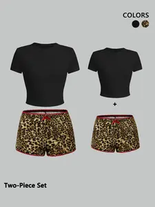 Two-Piece Set Women's Leopard Print Crop Tee & Shorts, Casual Outfit Set Basic Fashion Round Neck T-shirt & Skinny Shorts for Daily Outdoor Wear, Ladies Clothes for Summer, Suits