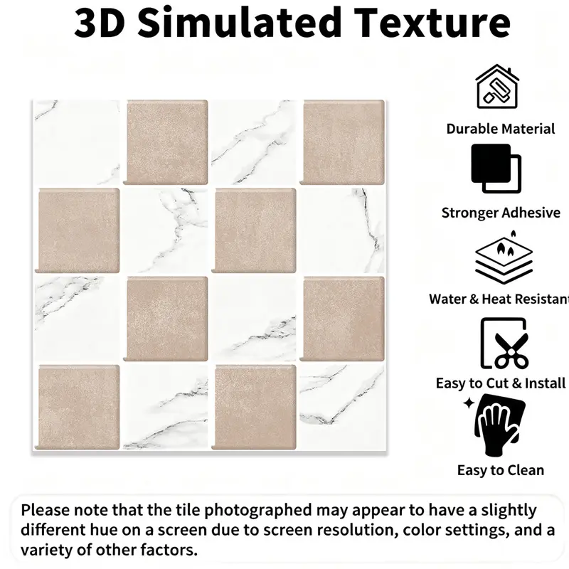 3D Resin Peel-and-Stick Backsplash Tiles, 11.81x11.81in Waterproof Removable Self-Adhesive Faux Tiles for Kitchen, Bathroom Wall Decor & DIY Home Makeover