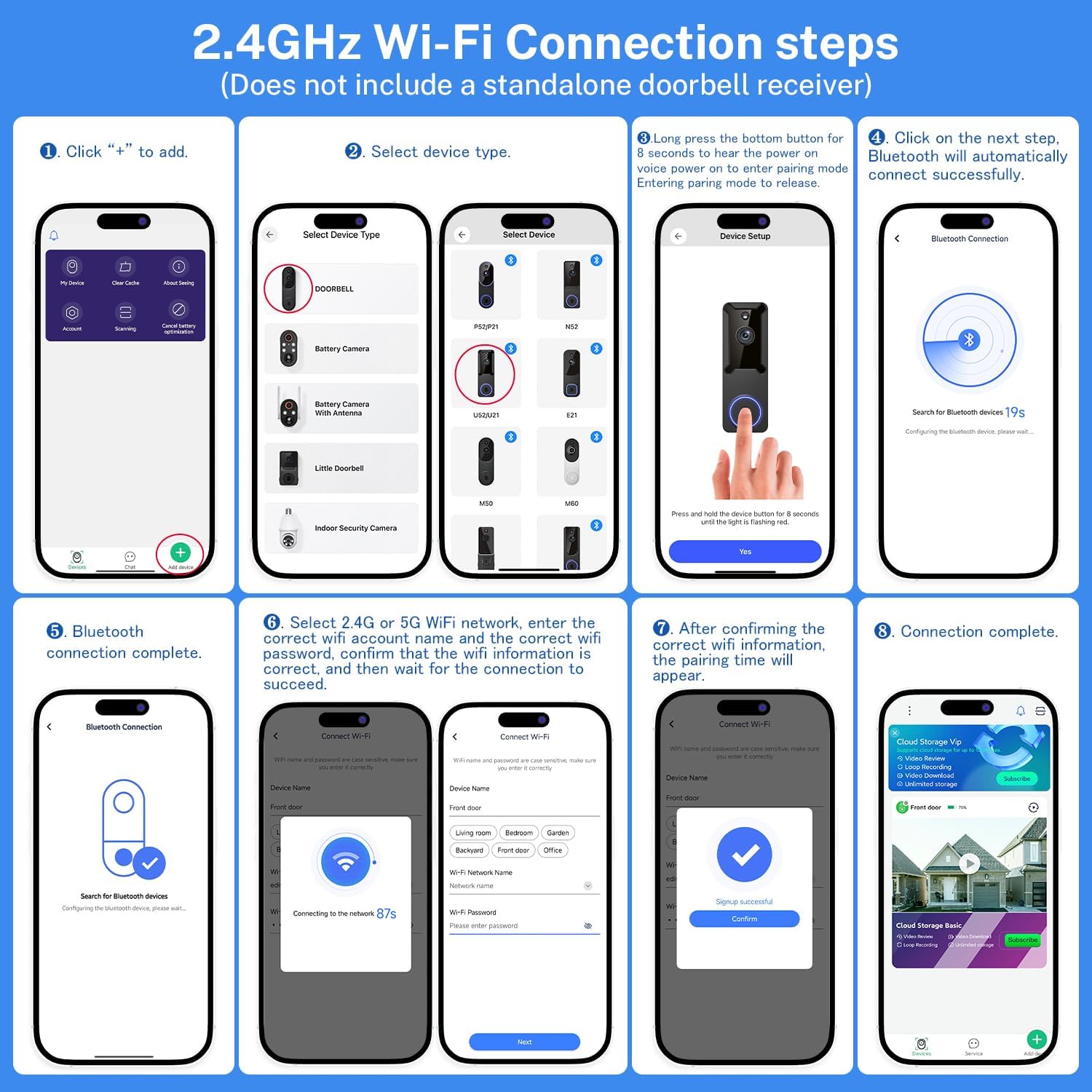 1080p Wireless Wi-Fi Video Doorbell Camera, Night Vision, Two-Way Audio, Smart AI Motion Detection, Live Viewing, Battery-Powered, Supports 2.4GHz Wi-Fi Only, Cloud Storage (Sold Separately)