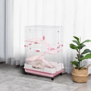 32" L 4-Level Small Animal Cage with Wheels, Slide-Out Tray, Deep Base, Sturdy Metal Wire & Plastic Construction – Pink Multi-Story Habitat for Bunnies, Perfect for Bedroom, Living Room