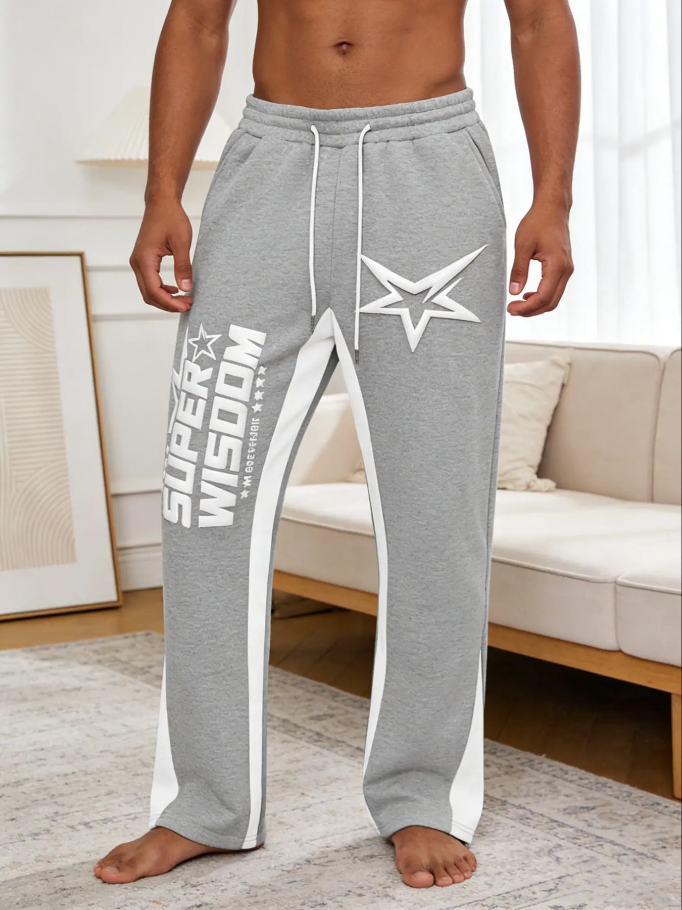 Boyfriend Style Home Loungewear Pants, Star Patch & Color-Blocked Edges, Soft Fitted Casual Wear, Spring & Fall Fashion