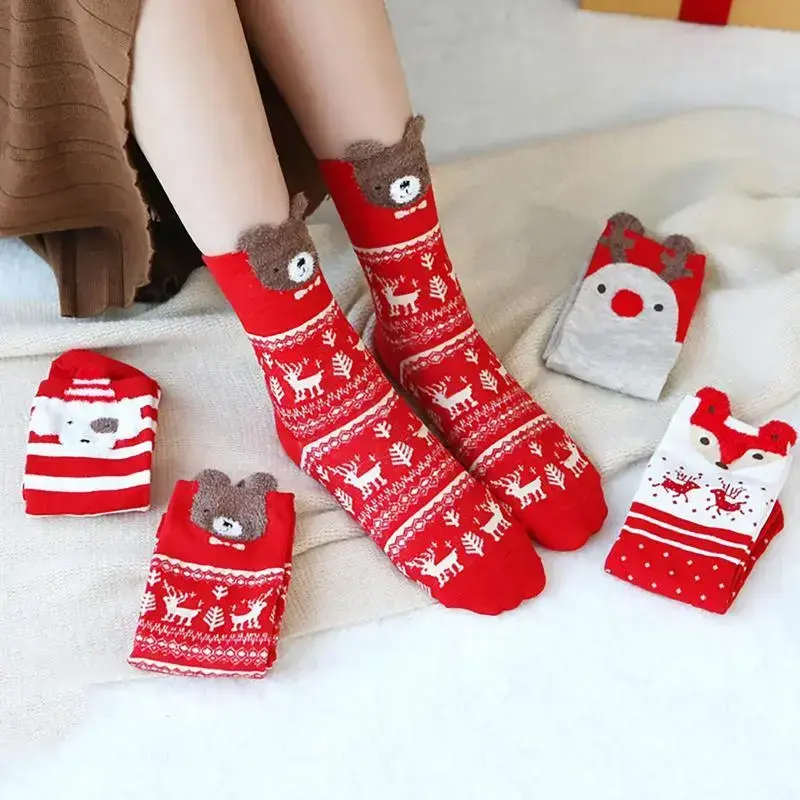 Women's 4-Pair Christmas Socks Gift Box - Winter Warm Mid-Calf Cute Lady Underwear Socks with Reindeer, Snowflake, Bear, Dog, Fox Prints, Fluffy Novelty Holiday Gift Set