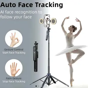 Al selfie stick tripod with automatic facial tracking, 360 ° rotation and dual ring fill light, 70.8-inch telescopic pole, remote control operation, four in one multifunctional mode, suitable for mobile phone tripod