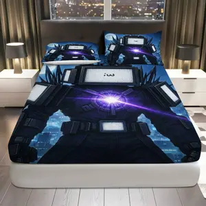 3Pcs Futuristic Robot Galaxy Star Fitted Sheet Three Piece Set (1*Fitted Sheet+2*Pillowcases, Coreless), Sci-Fi theme, Machine Robot Design Bedding Set, Mattress Protector Soft, Breathable