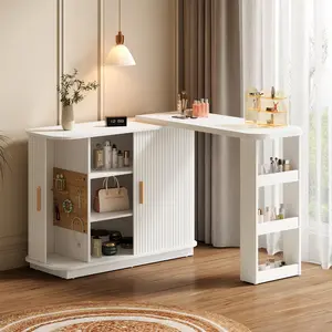 RoyalCraft L Extendable Vanity Table with Roller Shutter, L-Shaped Corner Makeup Desk with Adjustable Shelves, Storage Furniture for Bedroom, White