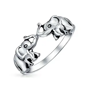 Good Luck Trunk Up Zoo Animal Two Elephant Ring .925 Sterling Silver