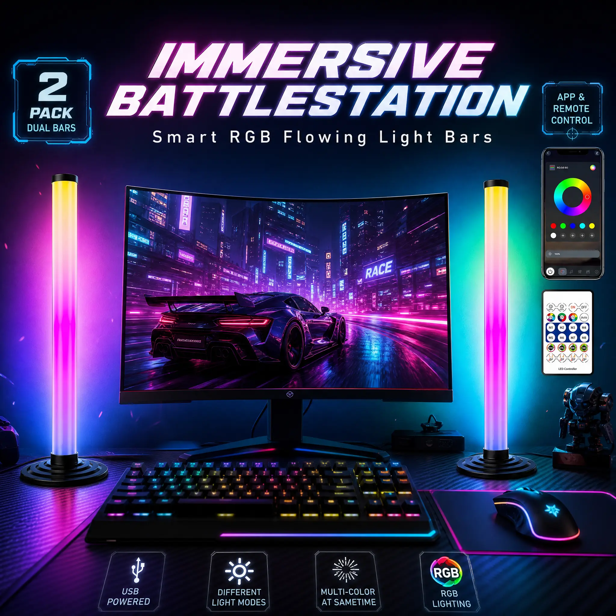2 Pack RGB LED Light Tower 35cm, 270° Wide Glow Ambient Lighting, App & Remote Control, Music Sync Color Changing Light for Gaming Setup Bedroom Streaming Decor