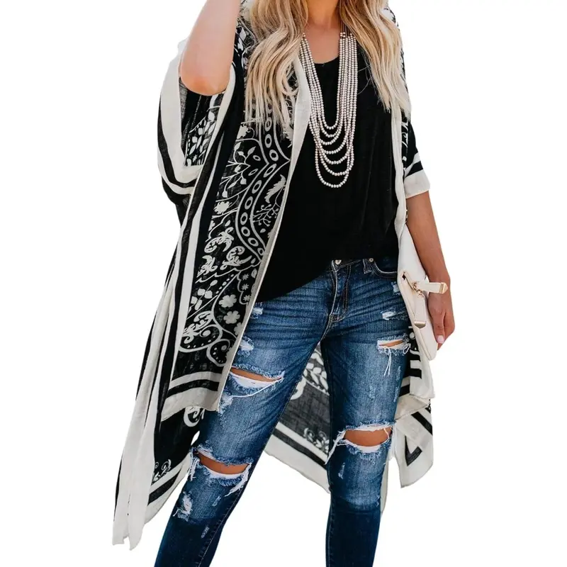 Black and White Kimono Cardigan for Women Lightweight Flowing Open Front Cover Up with Boho Ethnic Print Chic Monochrome Style Ideal for Summer Beach Vacation Cruise Pool Resort Travel Daily Layer for Sun Protection or Casual Outfits