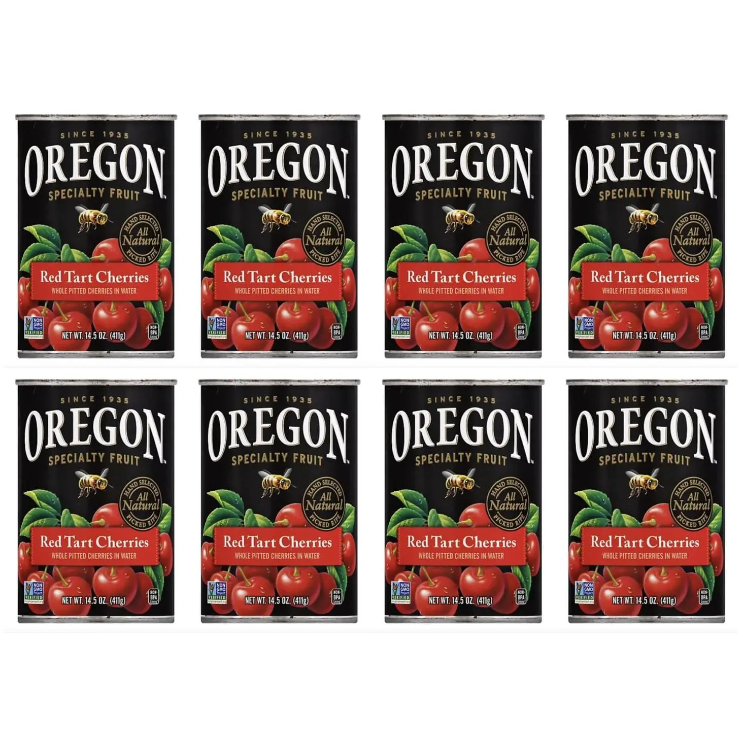 8-Pack Oregon Pitted Red Tart Canned Fruit Cherries in Water - 14.5 oz Cans for Baking, Desserts, Made in Oregon, Kosher, Non-GMO