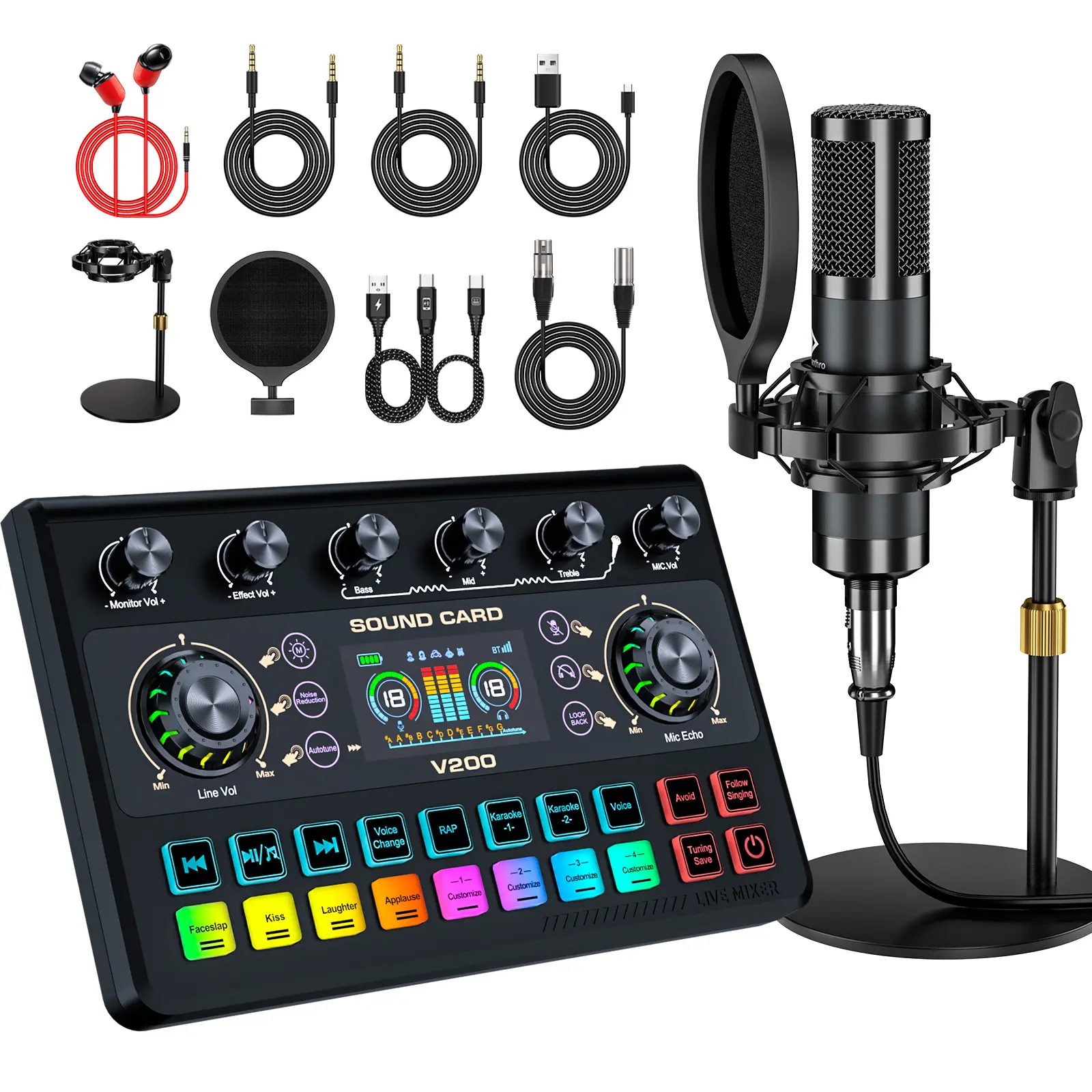 Ideanthro V200-P15 Professional Live Streaming Sound Card | Multi-Platform Audio Mixer with 5 Voice Modes, 10+ Sound Effects, Independent EQ & Noise Reduction