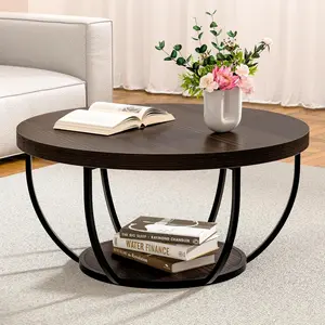 Round Coffee Table, 31" Coffee Table for Living Room Decor, 2-Tier Storage with Steel Frame, Space-Saving  Center Table, Modern Style Easy Assembly (Dark Coffee)