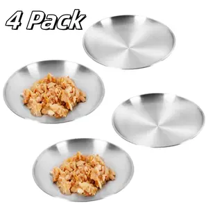 4 Pack Stainless Steel Cat Dish Set, 6.7" Wide Shallow Kitten Feeding Plate, Basic Small Pet Bowl, Metal Flat Dish for Stray Cats & Dogs