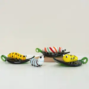 Handmade glass caterpillar Figurine, Blown Glass caterpillar , Art Glass Animals, tiny caterpillar with leaf